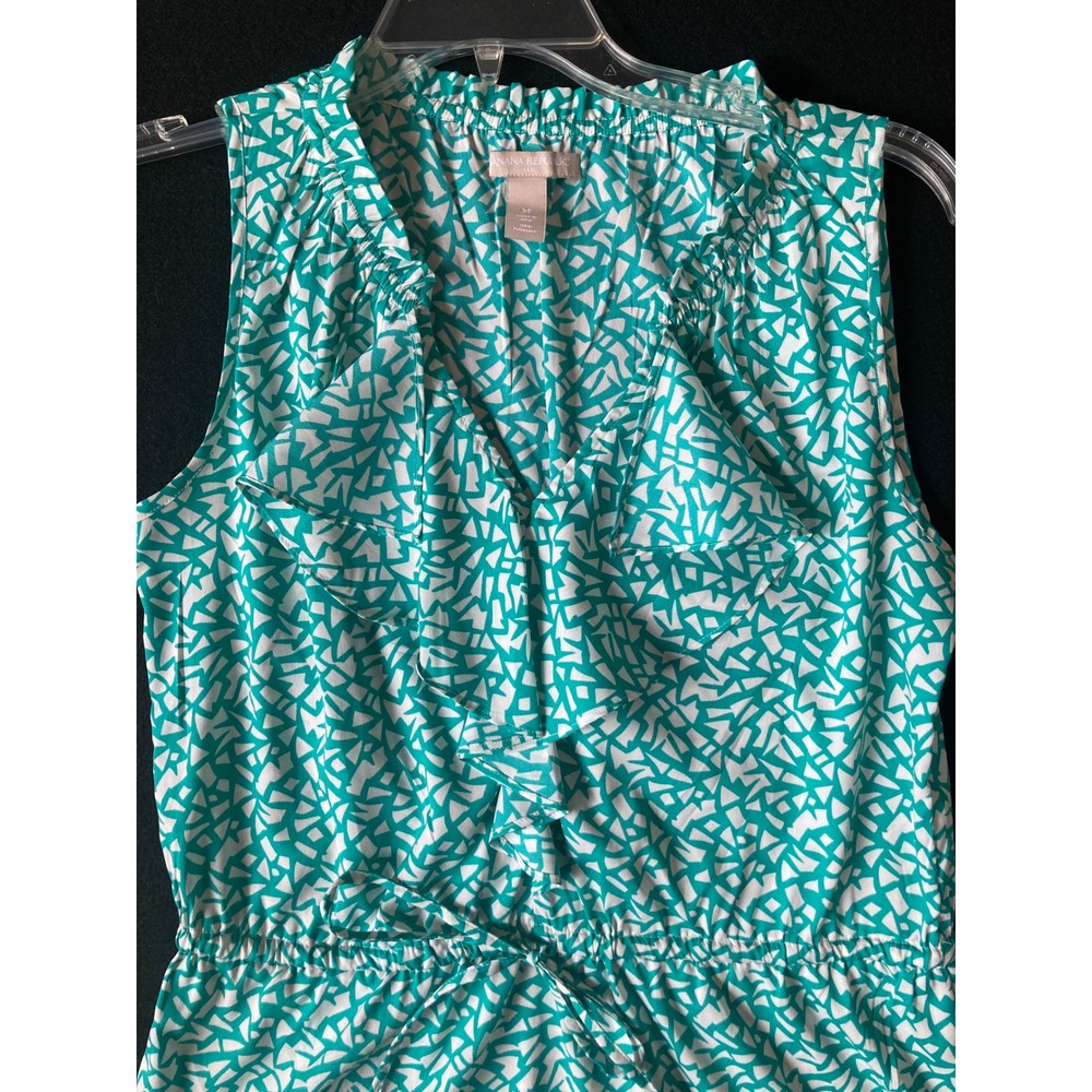 Banana Republic Womens Teal White Geometric Ruffle V-Neck‎ Peplum Blouse Medium